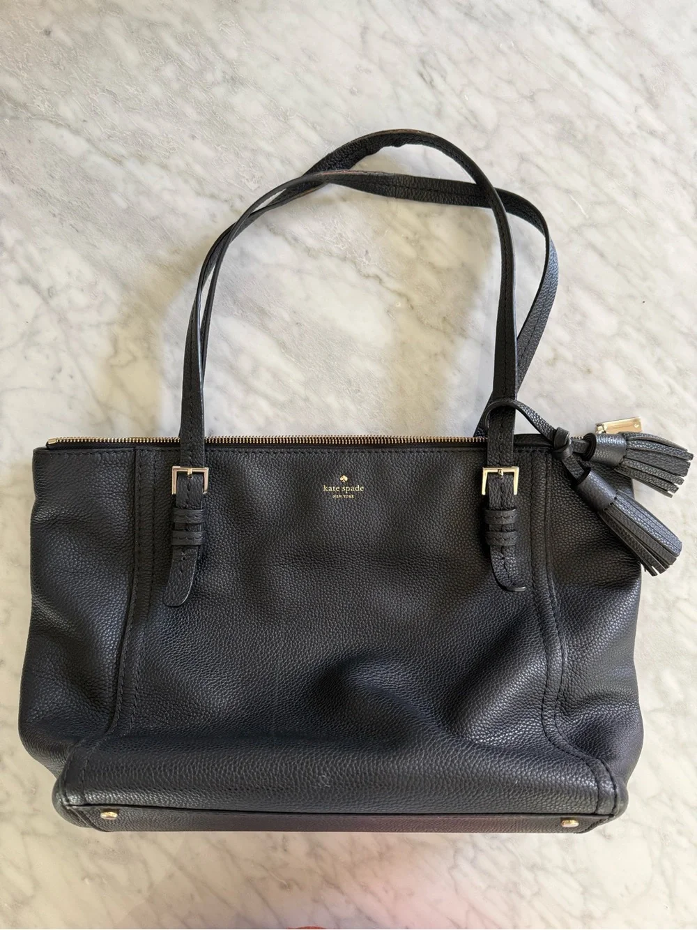 Kate Spade New York Black Pebbled Leather Large Zip Top Tote Work Bag